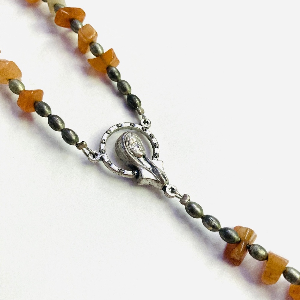 Vintage Semiprecious Stone Rosary Polished Carnelian Silver Beads Catholic Gift